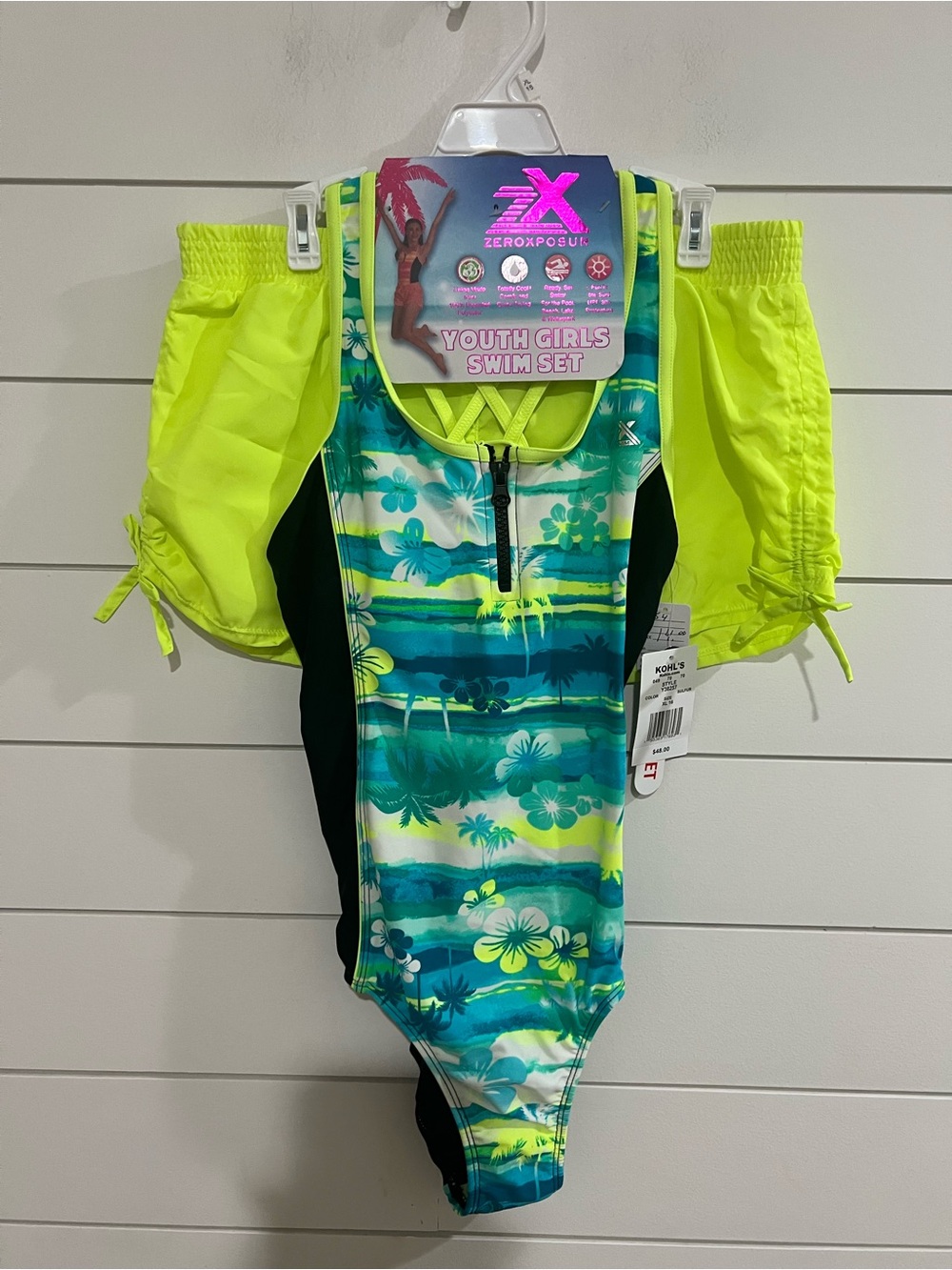 ZeroXposur Youth Girls Neon Yellow & Teal Floral One-Piece Swim Set